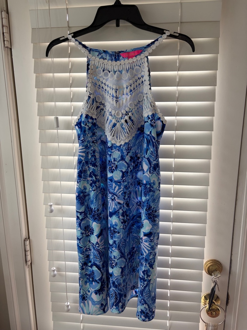 Lilly Pulitzer Blue Floral Dress with White Crochet Overlay